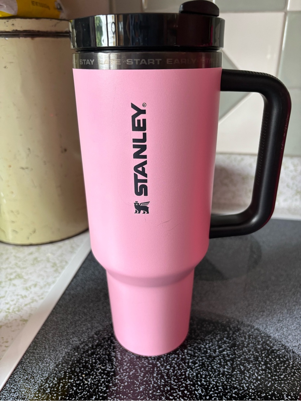 Stanley Pink Travel Tumbler with Black Handle